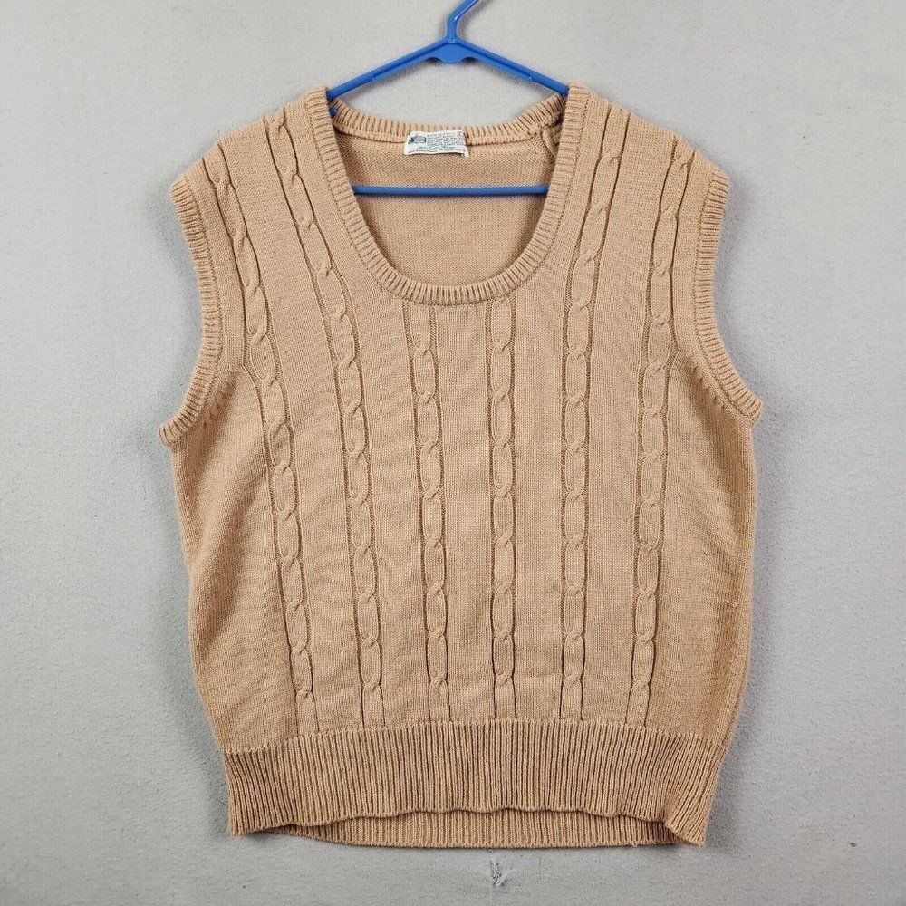 VTG K-MART SWEATER VEST Sz. L 70s 80s Beige Pullover Cable Knit Acrylic Low Neck